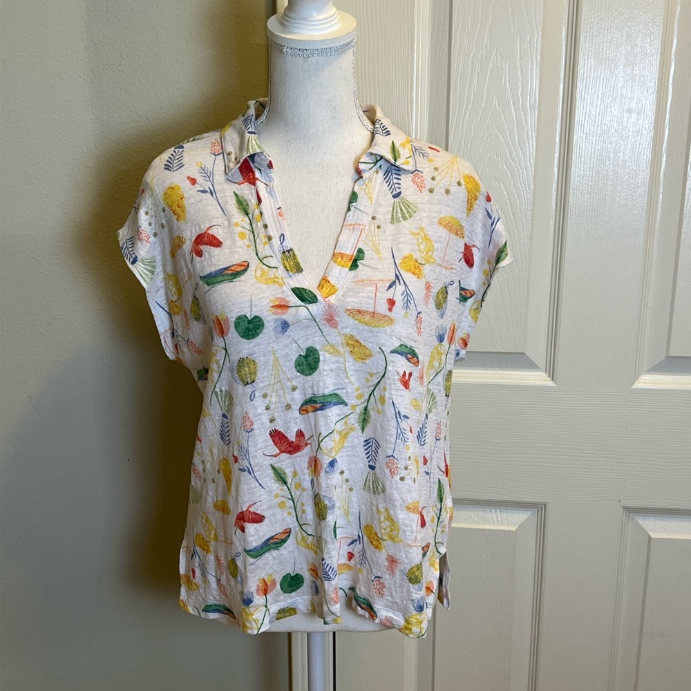 JOIE Linen Floral & Bird Print Top